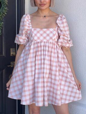 STORIA Pink and White Plaid Baby Doll Dress